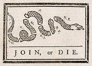 This is a political cartoon drawn by Benjamin Franklin. What outcome was Franklin advocating for wit