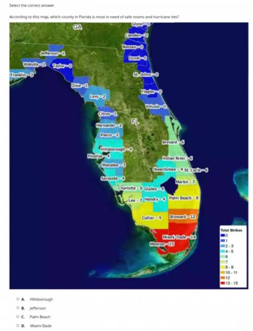 According to this map, which county in florida is most in need of safe rooms and hurricane ties?  a.