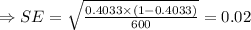 \Rightarrow SE=\sqrt{\frac{0.4033\times (1-0.4033)}{600}}=0.02