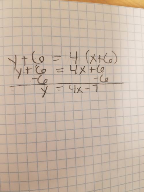 Identify an equation in point-slope form for the line perpendicular to y = 1/4 x - 7 that passes thr