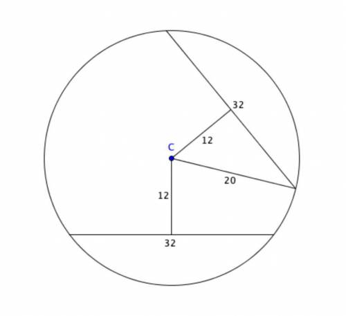 Radius of the circle is 20cm. there are two chords of lengths.

32cm, what will be the dis-tance of