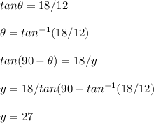 tan\theta=18/12\\ \\ \theta =tan^{-1}(18/12)\\ \\ tan(90-\theta)=18/y\\ \\ y=18/tan(90-tan^{-1}(18/12)\\ \\ y=27
