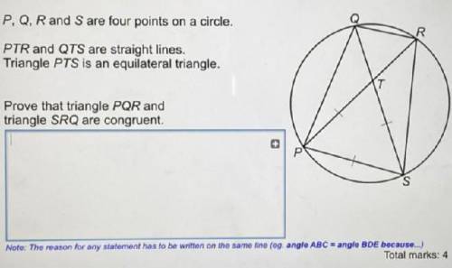 P, Q, R and S are four points on a circle.

PTR and QTS are straight lines.
Triangle PTS is an equil