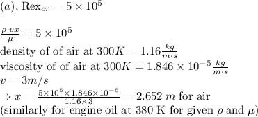(a).  \;\text{Rex}_{cr}=5 \times 10^5\\\\\frac{\rho\;vx}{\mu}=5 \times 10^5\\\text{density of of air at}\;300K=1.16  \frac{kg}{m\cdot s}\\\text{viscosity of of air at}\;300K=1.846 \times 10^{-5} \frac{kg}{m\cdot s} \\v=3m/s\\\Rightarrow x=\frac{5\times 10^5 \times 1.846 \times 10^{-5} }{1.16 \times 3} =2.652 \;m \;\text{for air}\\(\text{similarly for engine oil at 380 K for given}\; \rho \;\text{and} \;\mu)\\