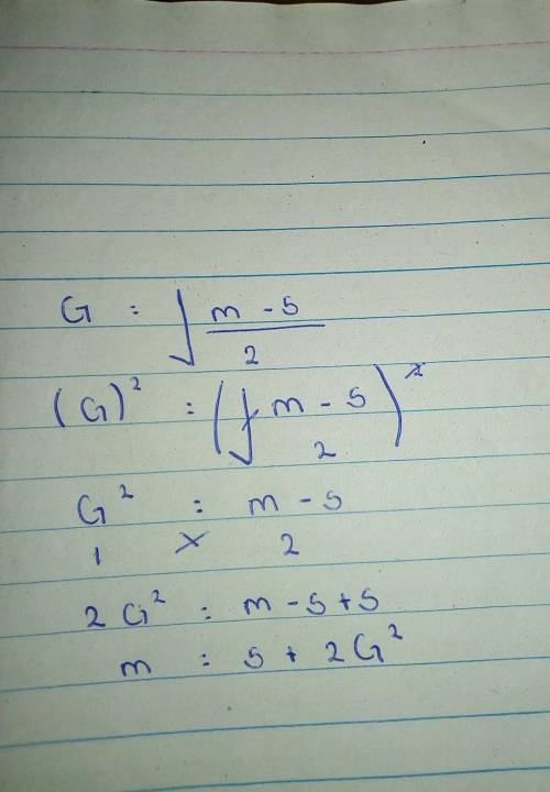 Make m the subject of the formula g=√m-5/2