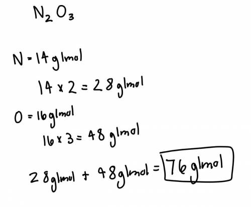 What is the molar mass for dinitrogen trioxide, N₂O₃?

(note molar mass of N =14 g/mol and O =16 g/m
