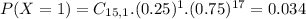 P(X = 1) = C_{15,1}.(0.25)^{1}.(0.75)^{17} = 0.034