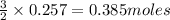 \frac{3}{2}\times 0.257=0.385moles