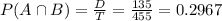P(A \cap B) = \frac{D}{T} = \frac{135}{455} = 0.2967