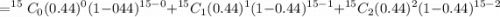 $=^{15}C_0(0.44)^0(1-044)^{15-0}+^{15}C_1(0.44)^1(1-0.44)^{15-1}+^{15}C_2(0.44)^2(1-0.44)^{15-2}$