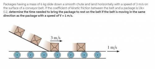 Packages having a mass of 6 kgkg slide down a smooth chute and land horizontally with a speed of 3 m