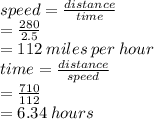 speed =  \frac{distance}{time}  \\  =  \frac{280}{2.5}  \\  = 112 \: miles \: per \: hour \\ time =  \frac{distance}{speed}  \\  =  \frac{710}{112}  \\  = 6.34 \: hours