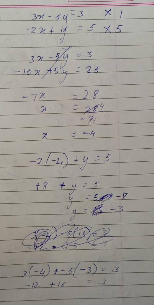 Solve for x and y simultaneous3x - 5y = 3y-2x = 5​