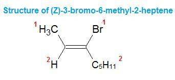 Draw the structure of (z)-3-bromo-6-methyl-2-heptene. be sure the stereochemistry is drawn clearly.