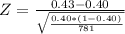 Z = \frac{0.43-0.40}{\sqrt{\frac{0.40 *(1 - 0.40)}{781}}}