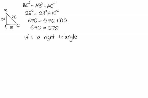 A triangle has sides of lengths 10 24 and 26 is it a right triangle explain what could be the side l