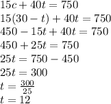 15c + 40t = 750 \\ 15(30 - t) + 40t = 750 \\ 450 - 15t + 40t = 750 \\ 450 + 25t = 750 \\ 25t = 750 - 450 \\ 25t = 300 \\ t =  \frac{300}{25}  \\ t = 12