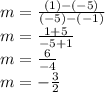 m = \frac{(1)-(-5)}{(-5)-(-1)} \\m = \frac{1+5}{-5+1} \\m = \frac{6}{-4}\\m =- \frac{3}{2}