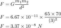 F=G\dfrac{m_1m_2}{d^2}\\\\F=6.67\times 10^{-11}\times \dfrac{65\times 70}{(3)^2}\\F=3.37\times 10^{-8}\ N