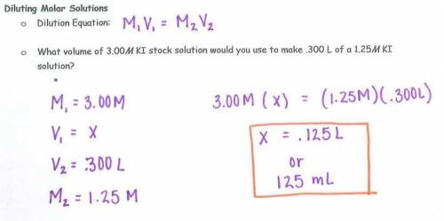 What volume of a 3.00M KL stock solution would you use to make 0.300 L of a 1.25M Kl solution?