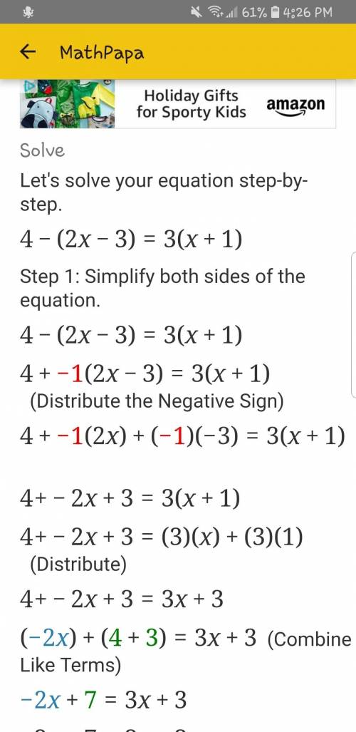 4-(2x-3) = 3(x + 1)  i need steps too