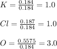 K=\frac{0.184}{0.184}=1.0 \\\\Cl=\frac{0.187}{0.184}=1.0\\\\O=\frac{0.5575}{0.184}  =3.0