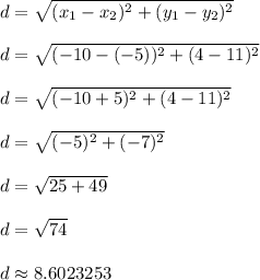 d = \sqrt{(x_1 - x_2)^2 + (y_1 - y_2)^2}\\\\d = \sqrt{(-10-(-5))^2 + (4-11)^2}\\\\d = \sqrt{(-10+5)^2 + (4-11)^2}\\\\d = \sqrt{(-5)^2 + (-7)^2}\\\\d = \sqrt{25 + 49}\\\\d = \sqrt{74}\\\\d \approx 8.6023253\\\\