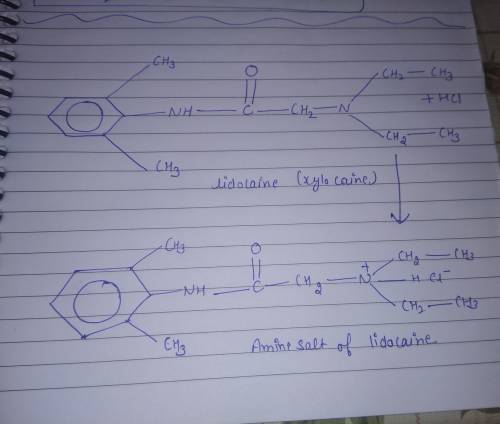 Draw the condensed structural formula for the ammonium salt formed when lidocaine reacts with hcl.