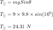T_|_| = mgSin \theta\\\\T_|_| = 9 \times 9.8 \times sin(16^0)\\\\T_|_| = 24.31 \ N