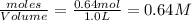 \frac{moles}{Volume}=\frac{0.64mol}{1.0L}=0.64 M