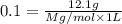 0.1=\frac{12.1g}{Mg/mol\times 1L}