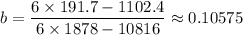 b = \dfrac{6 \times191.7 - 1102.4}{6 \times 1878 - 10816} \approx 0.10575