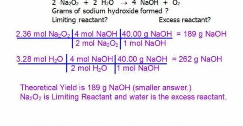 2 Na202 + 2 H20 -

+ 4 NaOH + O2
10 moles of Na202 reacts with 8 moles of
H20 , how many grams of Na