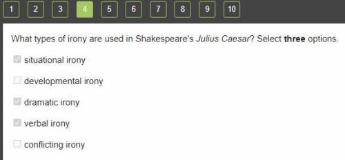TIME REMAINING

51:32
Abc
What types of irony are used in Shakespeare's Julius Caesar? Select three
