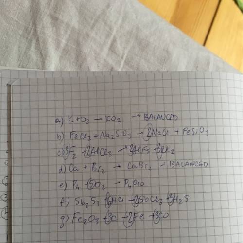 Balance the following equations:   (a) k+o2 -> ko2 (b) fecl2+na2sio3 ->  nacl + fesio3 (c) f2+