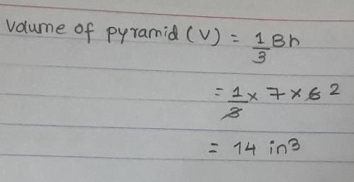 Help&EXPLAIN

What is the volume of a triangular pyramid that is 6 inches tall and has a base ar