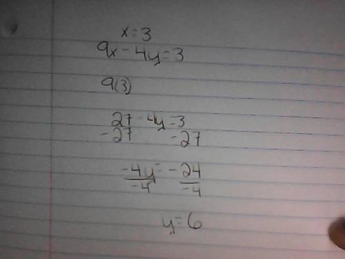 Complete the solution of the equation find the value of y when x equals 3. 9x - 4y = 3