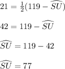 21 \degree =  \frac{1}{2} ( 119 \degree - \widehat{SU} )  \\  \\ 42 \degree = 119 \degree - \widehat{SU} \\  \\ \widehat{SU} =119 \degree - 42 \degree \\  \\ \widehat{SU} =77\degree \\  \\