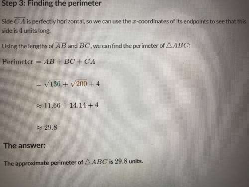 Find the approximate perimeter of AABC plotted
below.
A(2,7)
C(6,7)
B(-4,-3)