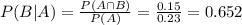 P(B|A) = \frac{P(A \cap B)}{P(A)} = \frac{0.15}{0.23} = 0.652