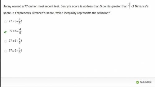 Jenny earned a 77 on her most recent test. Jenny’s score is no less than 5 points greater than Four-