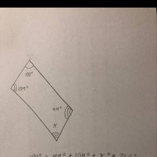 Three of the angles of quadrilateral are 100 degrees, 104 degrees and 44 degrees. what is the size o