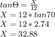 tan\Theta = \frac{X}{12} \\X = 12 * tan70\\X= 12 * 2.74\\X = 32.88