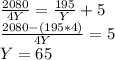 \frac{2080}{4Y} = \frac{195}{Y} +5\\\frac{2080 - (195*4)}{4Y} = 5\\Y = 65