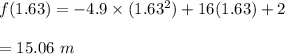 f(1.63) = - 4.9\times (1.63 ^ 2) + 16(1.63) + 2\\\\=15.06\ m