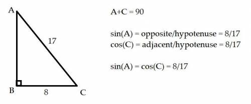 In the triangle ABC, B is the right angle. If sin A = 8/17, what is cos C?