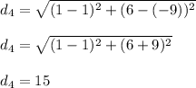 d_4 = \sqrt{(1-1)^2 + (6-(-9))^2}\\\\d_4 = \sqrt{(1-1)^2 + (6+9)^2}  \\\\d_4 = 15