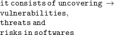 \tt{ it \: consists \: of \:  uncovering \: \to } \\  \tt{vulnerabilities, } \\  \tt{threats \: and } \\  \tt{ risks  \: in \: softwares}