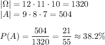 |\Omega|=12\cdot11\cdot10=1320\\|A|=9\cdot8\cdot7=504\\\\P(A)=\dfrac{504}{1320}=\dfrac{21}{55}\approx38.2\%