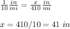 \frac{1}{10}\frac{in}{mi}=\frac{x}{410}\frac{in}{mi}\\ \\x=410/10=41\ in